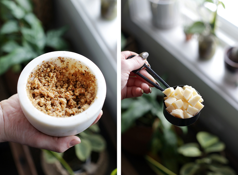 side by side photos showed crushed walnuts and chopped cheese