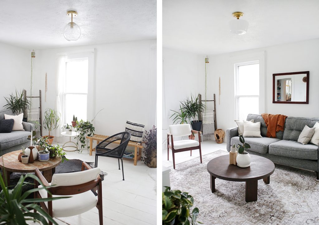 side by side before and after of living room