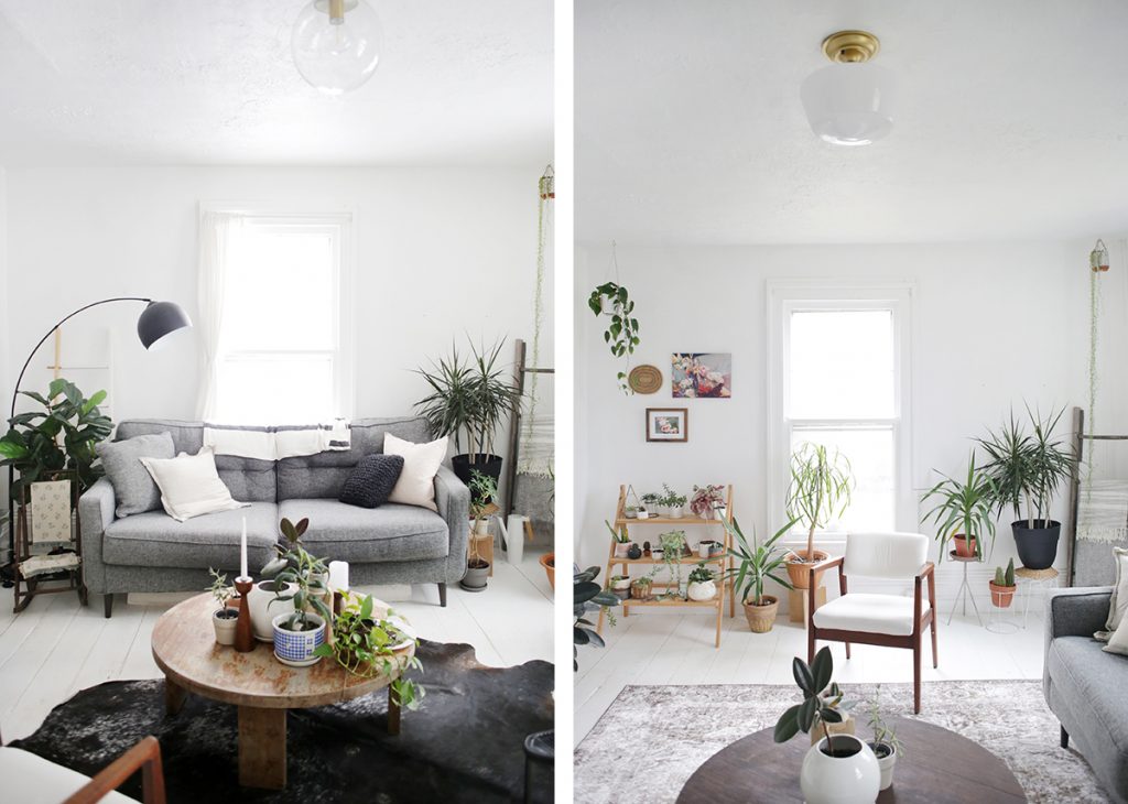 side by side before and after of living room