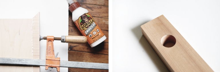 wood glue and clamp and wood with hole in it