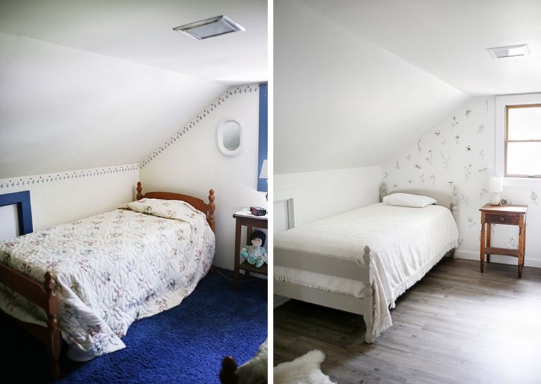 side by side before and after images of kids cottage room