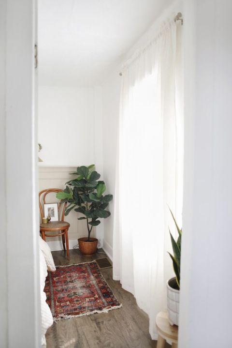 white room with curtains over window, faux plant in window, vintage rug on floor