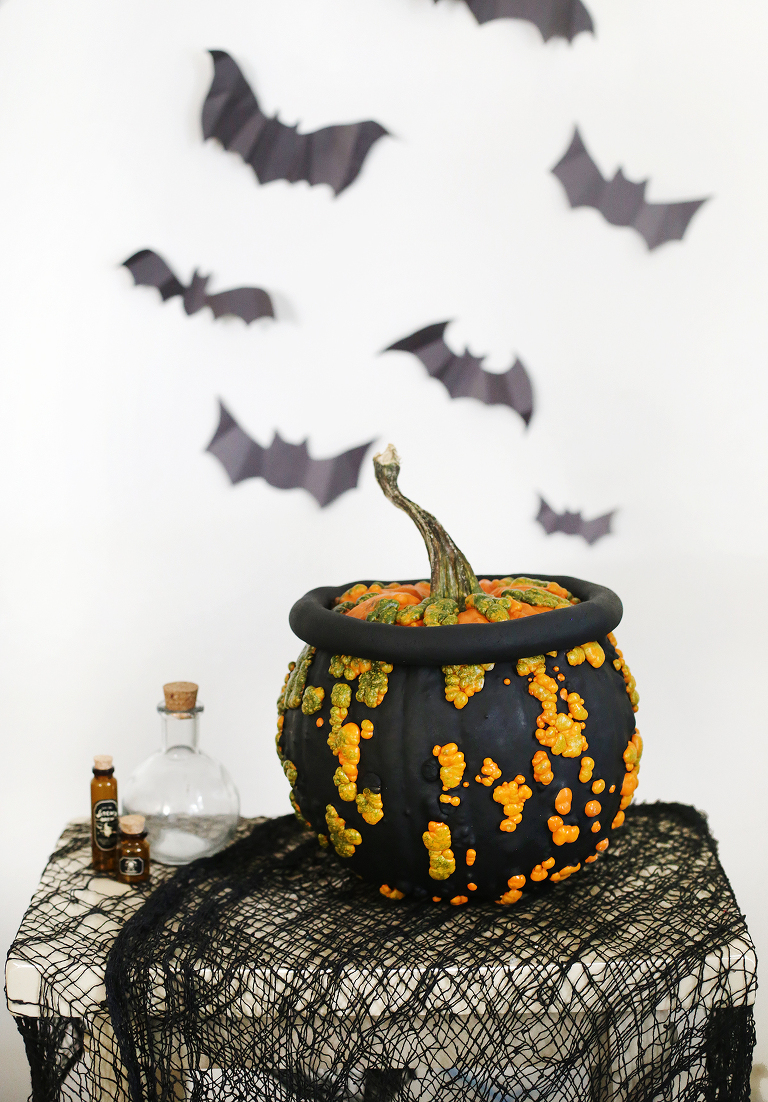 cauldron pumpkin on black webbing with potion viles next to it