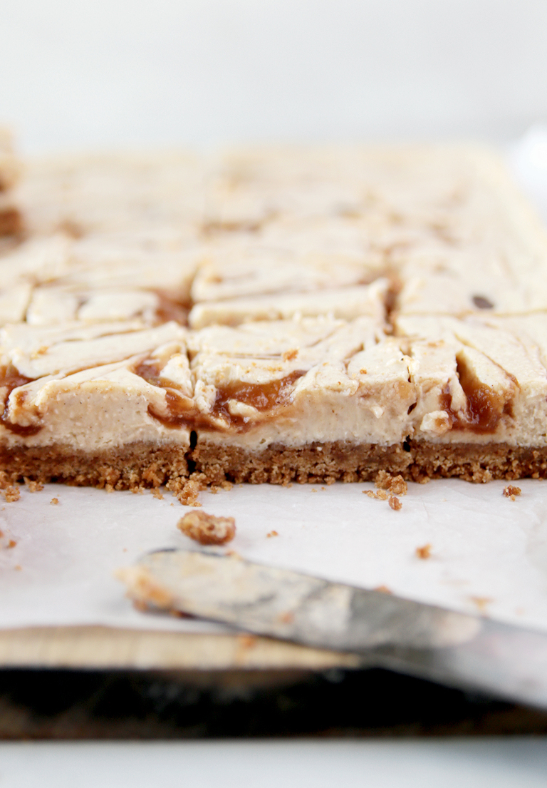 side view of cheesecake bars with graham cracker crusts