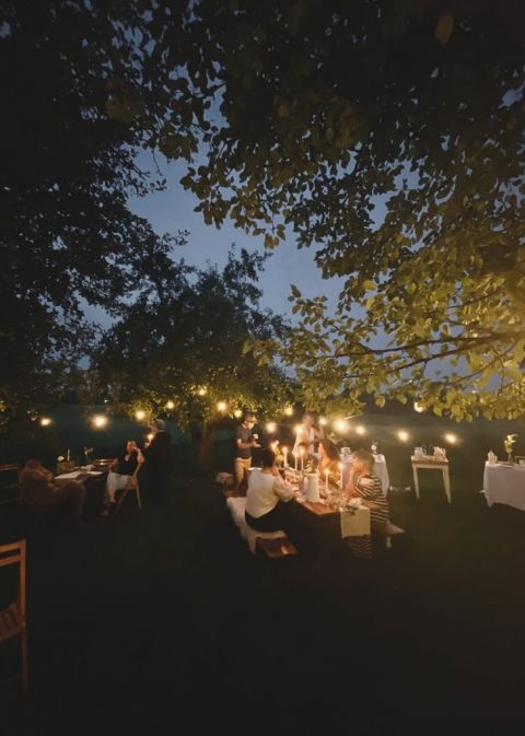 outdoor party at dusk with twinkle lights in trees