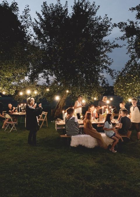 outdoor backyard garden party  at dusk with twinkle lights