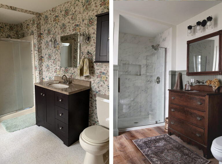 before and after of date bathroom to a modern traditional bathroom