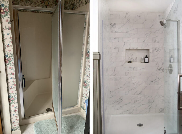 before and after of old shower stall to a marble tile shower