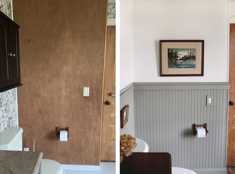 before and after of a wood wall in bathroom to a painted beadboard wall in bathroom
