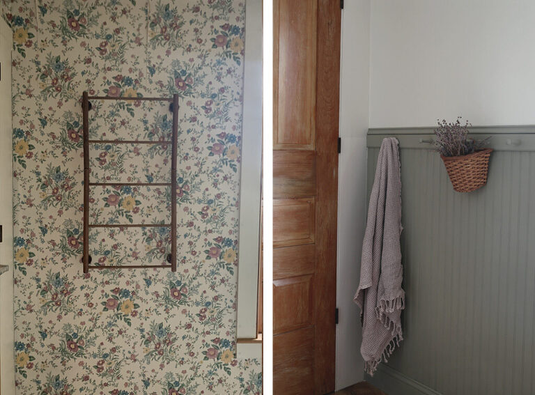 before and after of wallpapered wall in bathroom to a beadboard wall