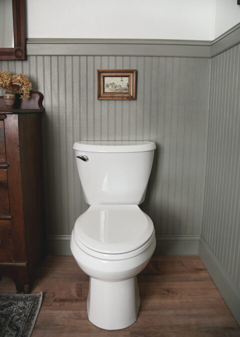 white toilet with painted beadboard wall behind it with small painting hanging above toilet