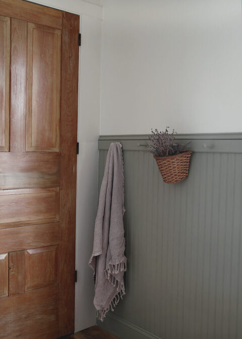 beadboard half wall painted green with wood pegs with towel hanging on it