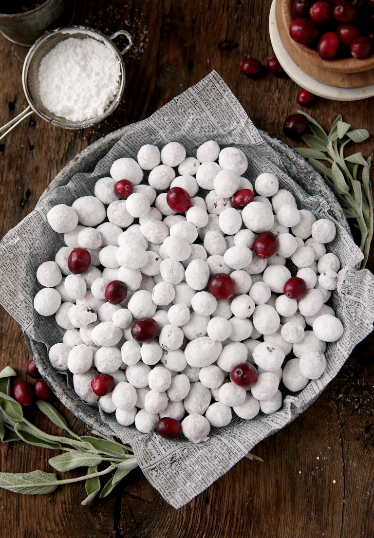 metal tin filled with candied powered sugar cranberries and regular cranberries
