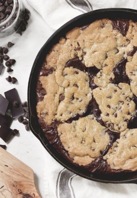 chocolate chip cookie and brownies in skillet