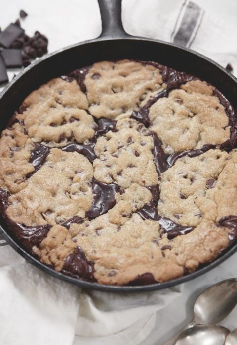 chocolate chip cookie and brownie skillet cookie