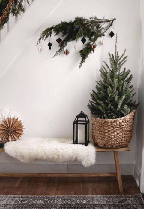 wood bench with christmas tree in a basket on it with greenery on wall next to it