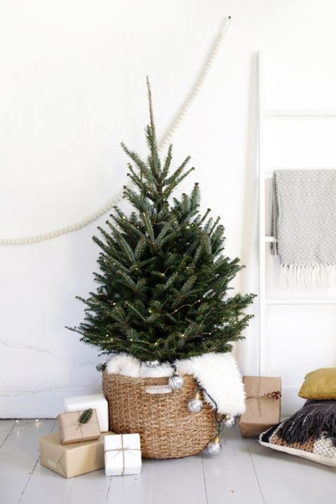 small christmas tree in wicker basket with white fur blanket around it 