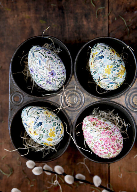 floral easter eggs in vintage metal muffin pan