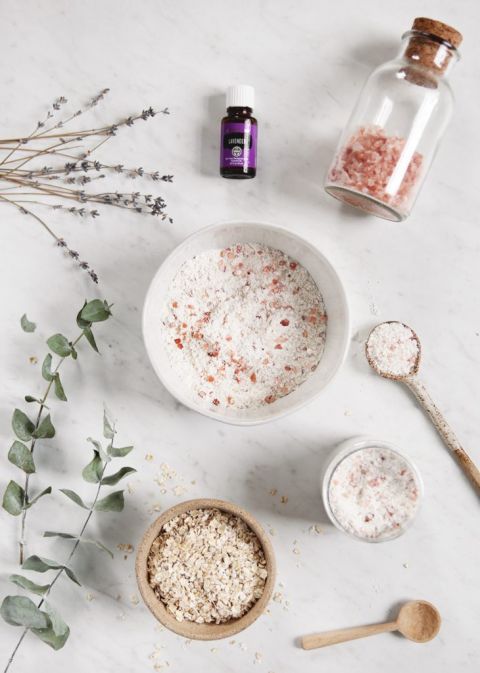 bowl filled bath salts next to ingredients