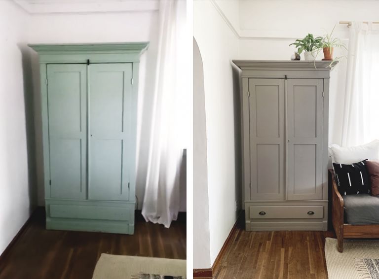 before picture of green picture next to after picture of gray painted cabinet