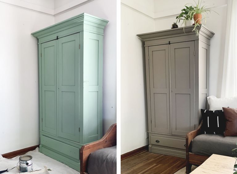 old green cabinet next to new gray painted cabinet