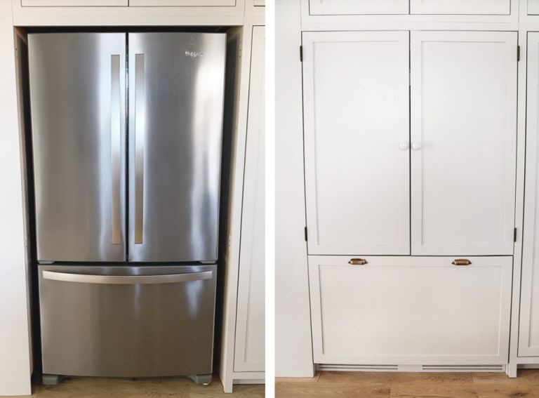 before picture of stainless refrigerator next to after picture of panel refrigerator