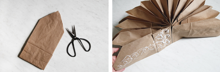 stack of brown bags next to scissors and bags with glue on them