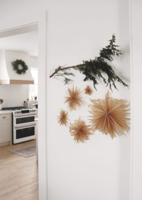 greenery branch on wall with brown paper stars hanging from it