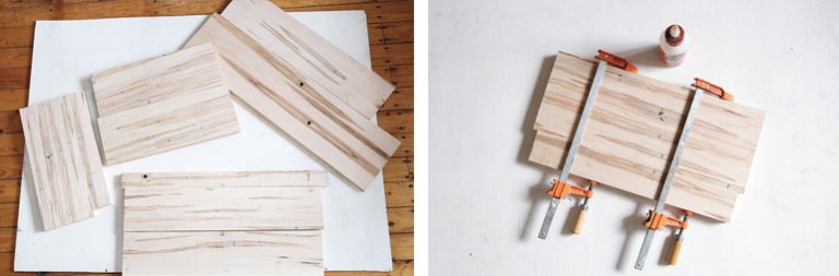 pieces of wood cut to size and pieces of wood clamped together