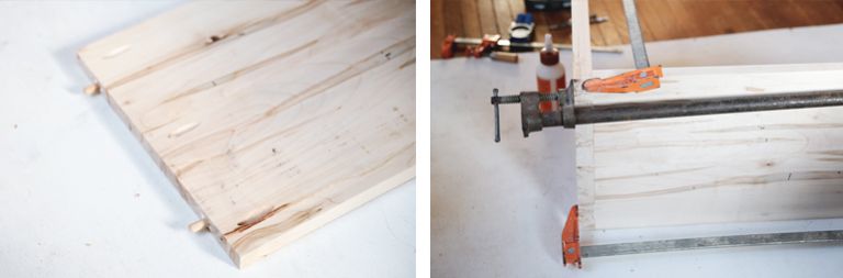 piece of wood with dowel pins and wood clamped together