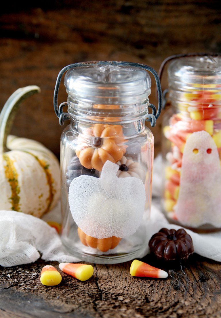 glass pumpkin jar filled with pumpkin chocolate candy