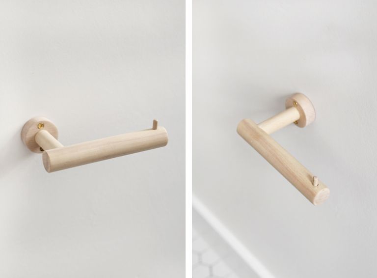 picture of wood dowel toilet paper holder from two angles