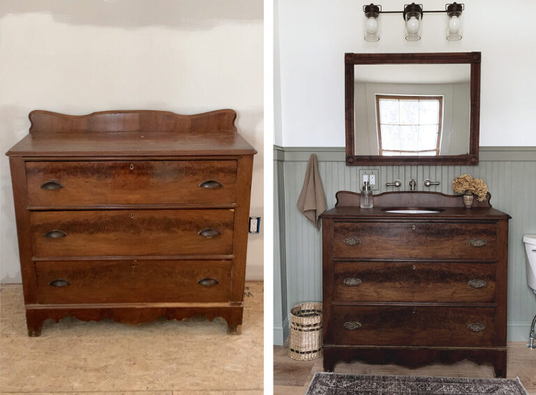 before and after of vintage wood dresser turned into a bathroom vanity with undermount sink