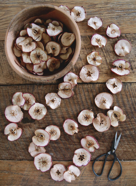 close up shot of dried apple garland on wood table with a wood bowl of dried apples next to it