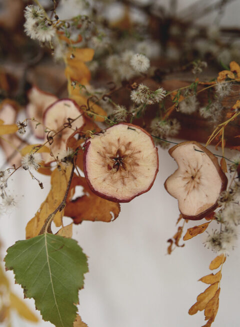 DIY dried apple garland hanging on wood mantel with fall leaves and branches