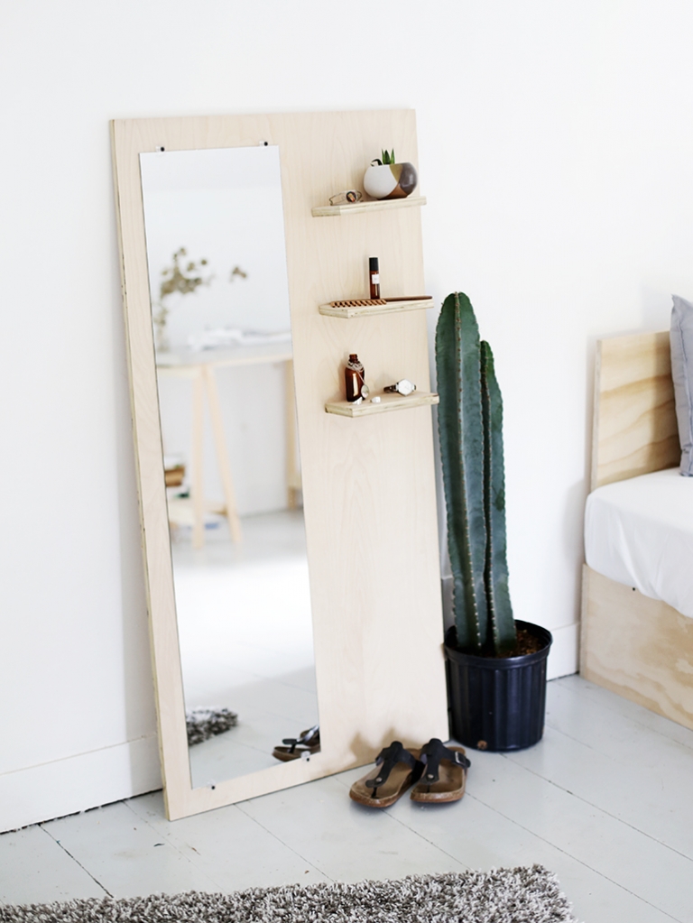DIY Plywood Floor Mirror With Shelves @themerrythought