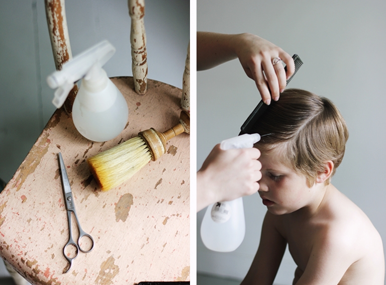 photos of haircutting supplies sitting on a chair and a boy getting his hair combed and sprayed with a water bottle