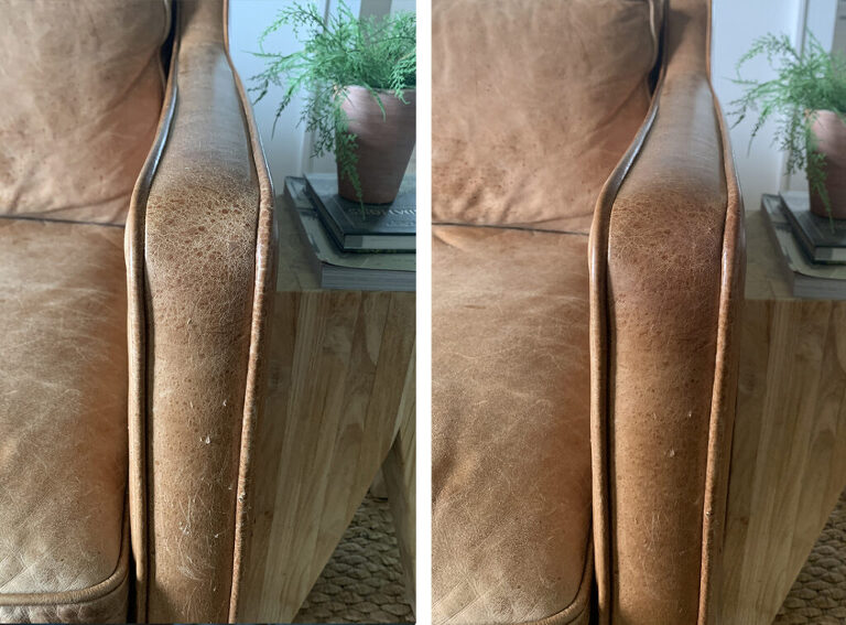 side by side before and after photos of arm of leather sofa with the before picture without leather conditioner on it and the after photo with leather conditioner on it
