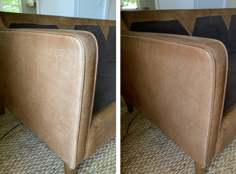 side by side photos of before and after of side arm of leather couch, the before photo without leather conditioner the after photo with leather conditioner
