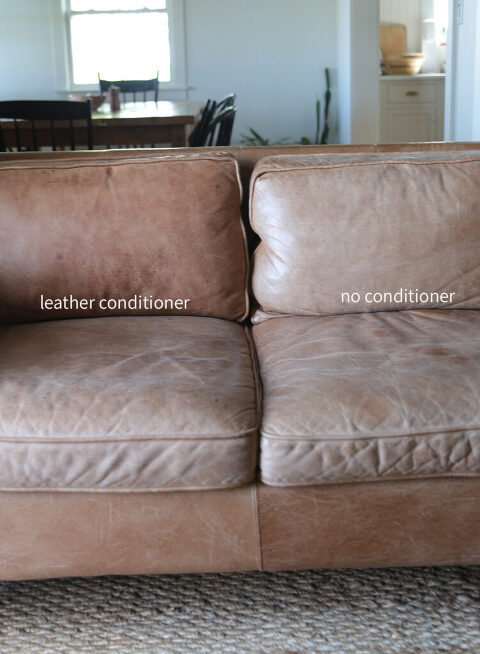 leather couch with one back cushion darker with leather conditioner on it and one back cushion lighter with no leather conditioner on it