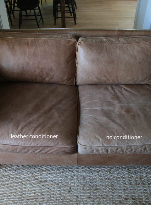 leather couch cushions with one cushion with leather conditioner and the other cushion without leather conditioner on it