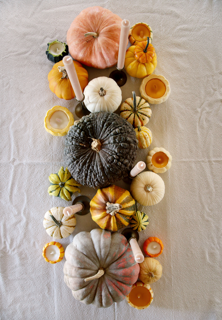overhead view of pumpkins in various sizes and colors lined up as table runner on table