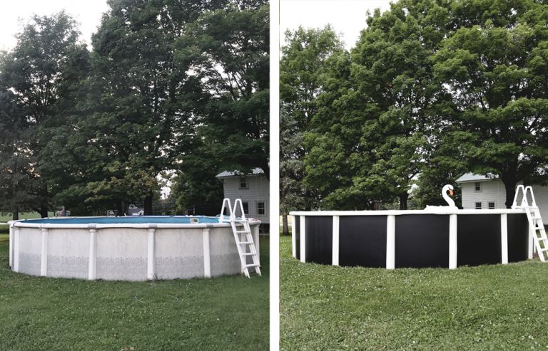 before and after of a painted above ground pool