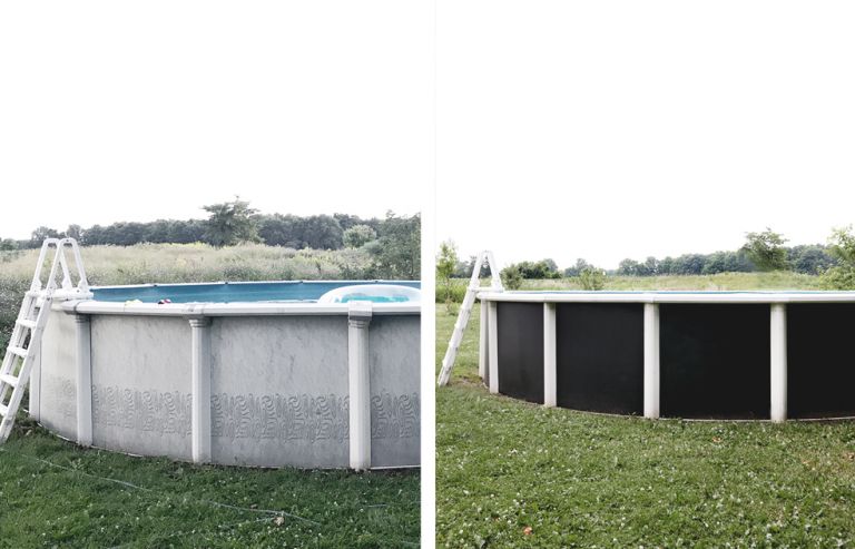 before and after of a painted above ground pool