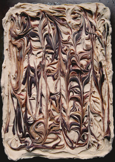 sheet of frozen yogurt yelp surpassing wrenched into pieces with swirls of peanut butter and nutella on top