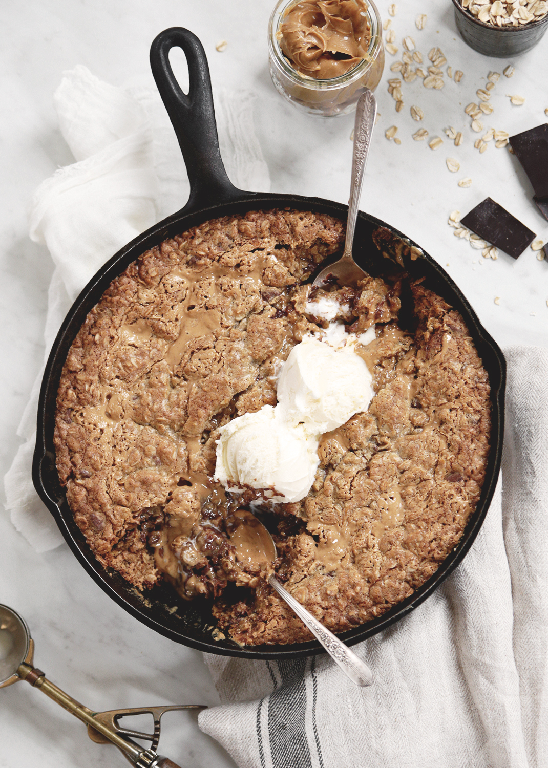 Peanut Butter Oatmeal Chocolate Chip Skillet Cookie