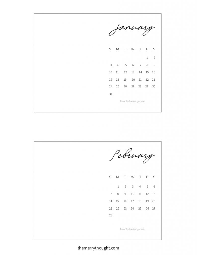 january and february 2021 minimal calendar