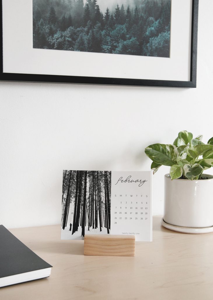 photo calendar on desk next to plant
