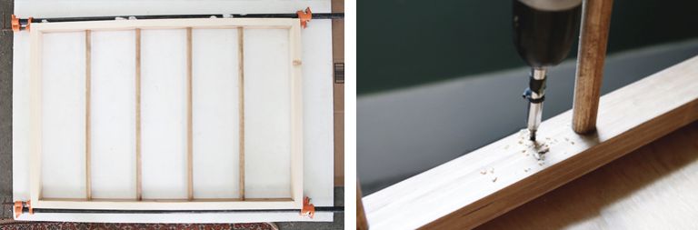 wood frame clamped together, drill screwing into wood