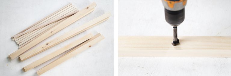 pieces of cut pine dowels and wood slats, forstner bit drilling into wood